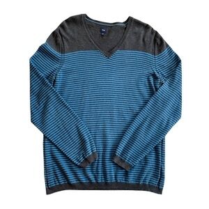 GAP Striped Cotton Classic V-Neck Pullover Sweater Heather Gray Blue XL